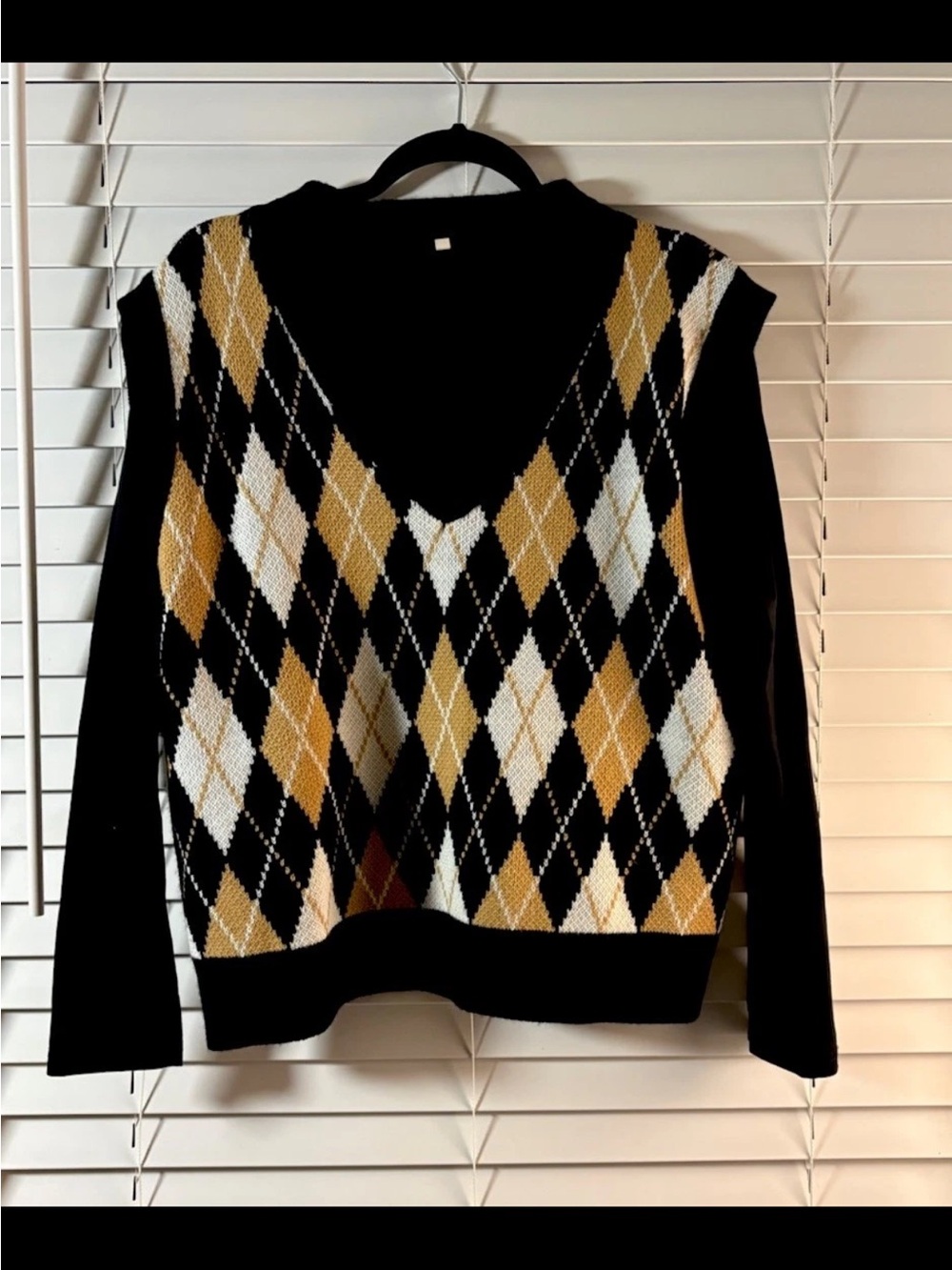 SHEIN CURVE Black/White/Tan Argyle Ribbed V-Neck Knit Pullover Sweater 1X